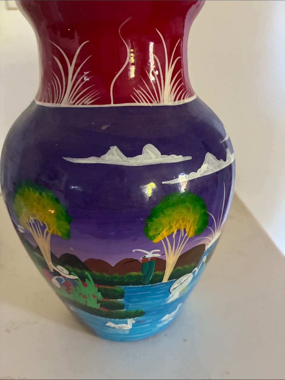 Hand-Painted Purple and Red Scenic Ceramic Vase with Green Accents